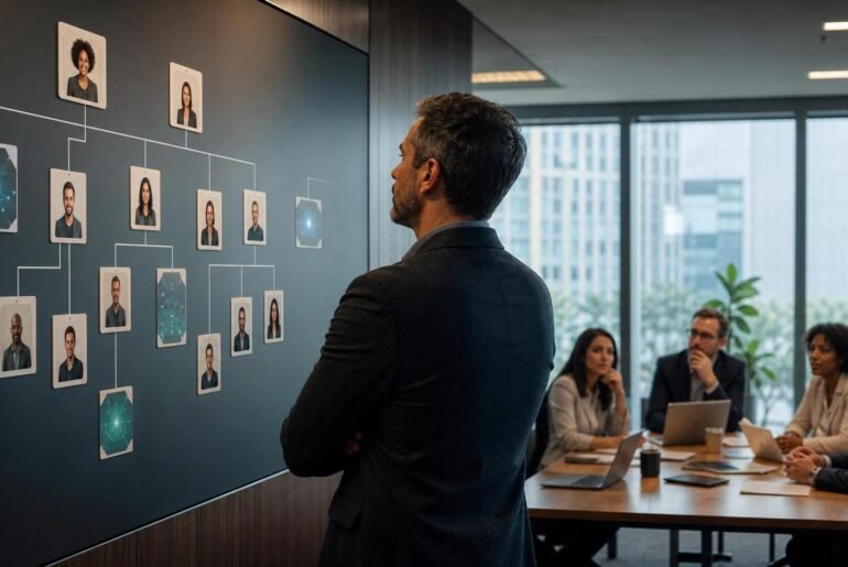 Liderança observa um quadro de organização com papéis humanos e agentes digitais em ambiente corporativo.