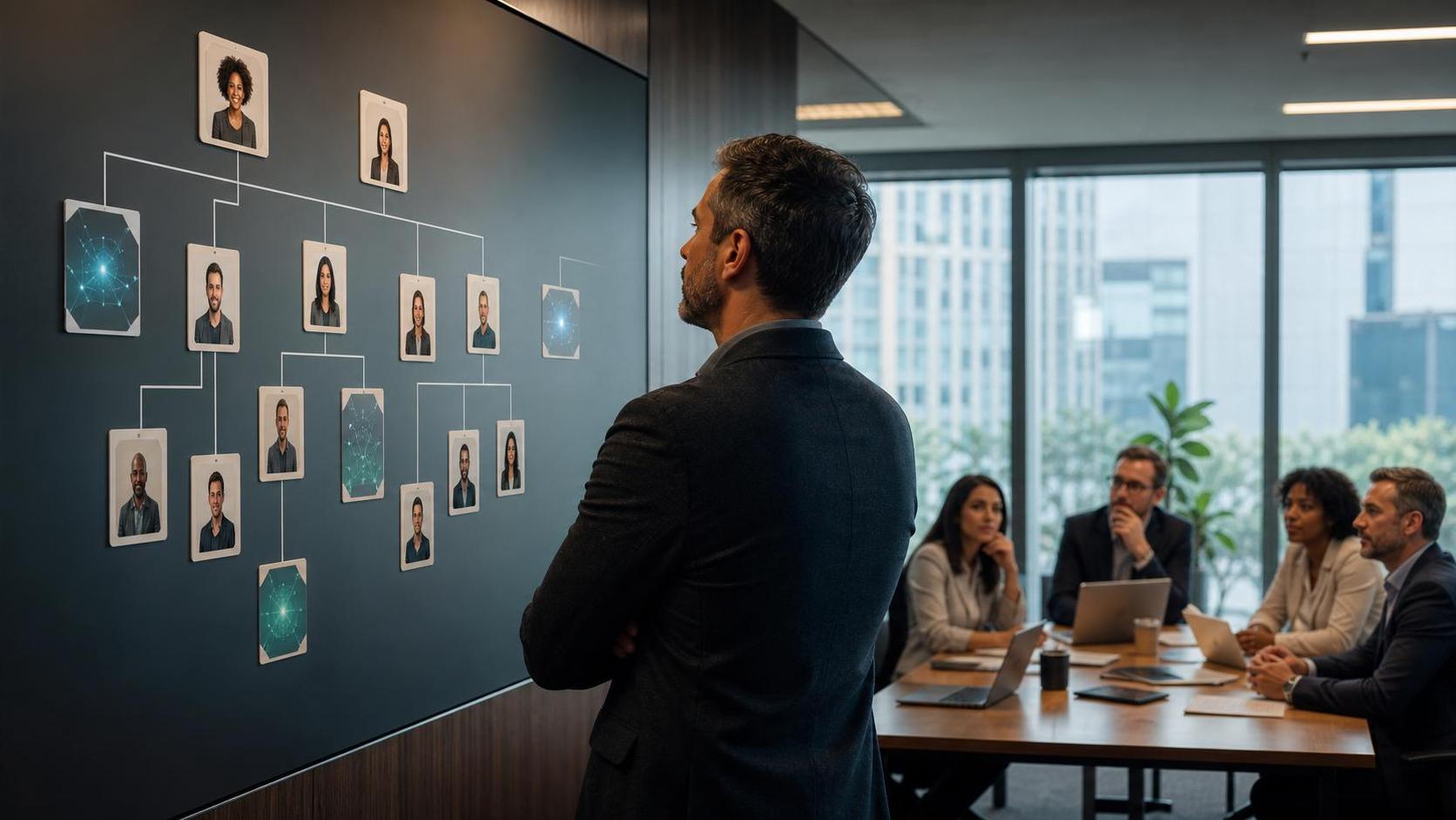 IA no organograma: o teste da liderança é clareza Liderança observa um quadro de organização com papéis humanos e agentes digitais em ambiente corporativo.