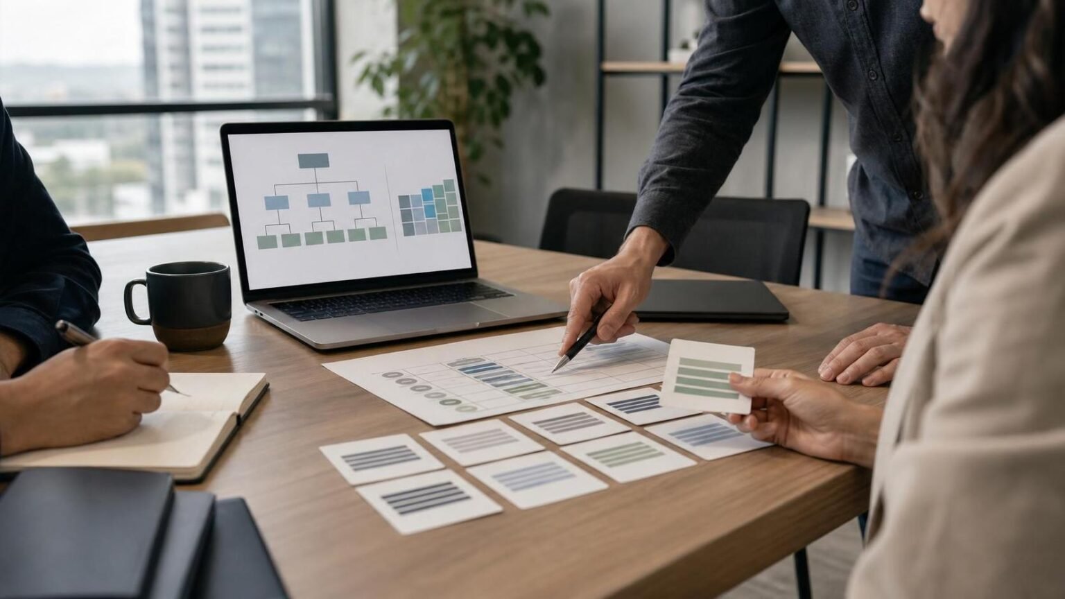 Job leveling: como definir níveis de cargo sem travar a carreira Profissionais de RH discutindo critérios de job leveling e níveis de cargo em uma mesa de reunião