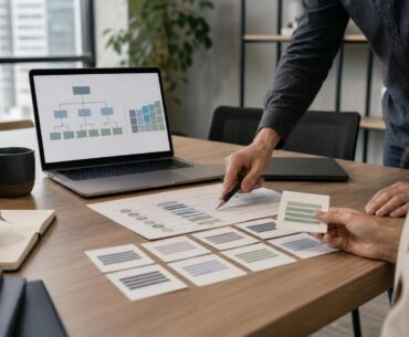 Profissionais de RH discutindo critérios de job leveling e níveis de cargo em uma mesa de reunião