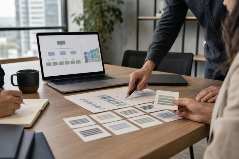 Profissionais de RH discutindo critérios de job leveling e níveis de cargo em uma mesa de reunião