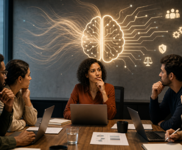 Equipe em reunião analisando adoção de inteligência artificial com cautela e pressão no trabalho