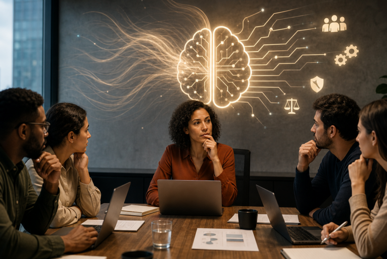 Equipe em reunião analisando adoção de inteligência artificial com cautela e pressão no trabalho