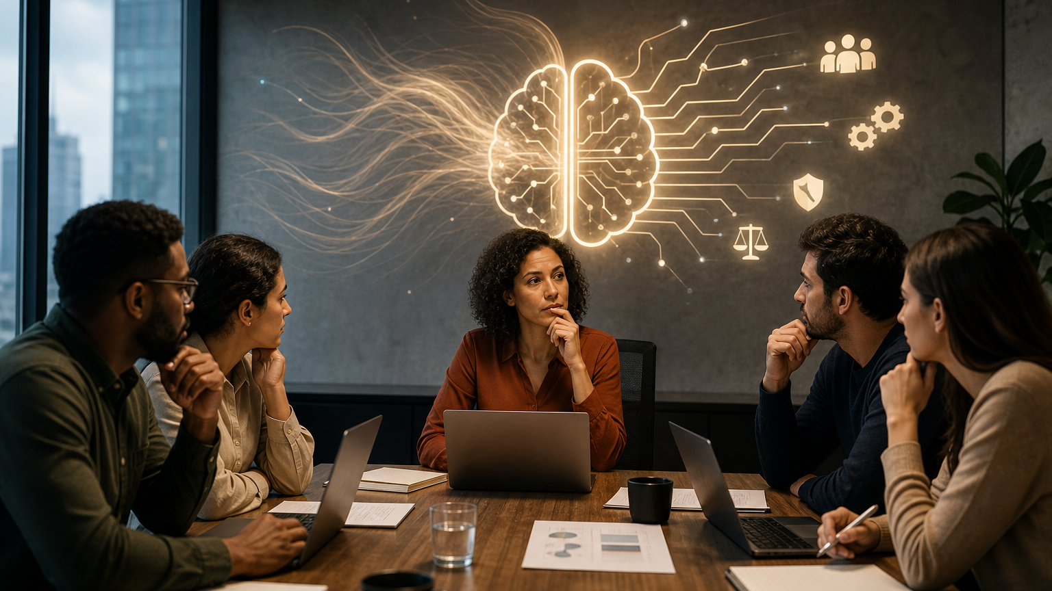 Pressa para adotar IA no trabalho: quando a urgência pesa Equipe em reunião analisando adoção de inteligência artificial com cautela e pressão no trabalho