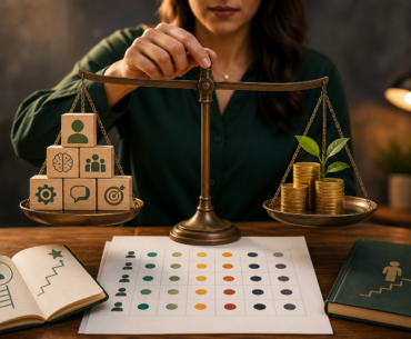Profissionais de RH avaliando matriz de habilidades, carreira e remuneração em uma mesa de decisão