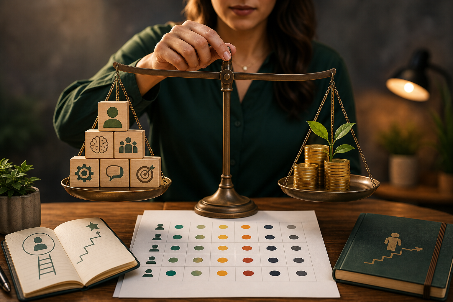 Remuneração por habilidades: quando pagar por skills faz sentido Profissionais de RH avaliando matriz de habilidades, carreira e remuneração em uma mesa de decisão