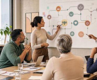 Equipe de RH e lideranças analisando jornada do colaborador e sinais de bem-estar organizacional em escritório brasileiro