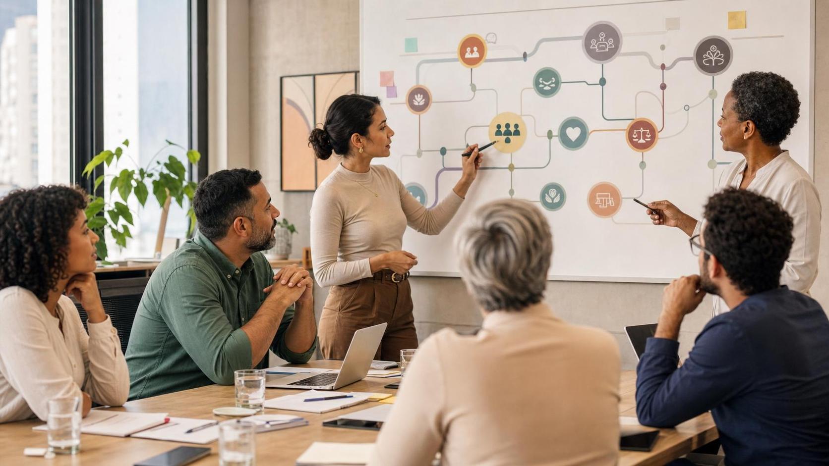 Saúde sistêmica nas organizações: bem-estar sem campanha isolada Equipe de RH e lideranças analisando jornada do colaborador e sinais de bem-estar organizacional em escritório brasileiro