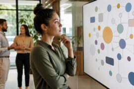 Profissional de RH analisando um mapa visual de habilidades em ambiente corporativo colaborativo