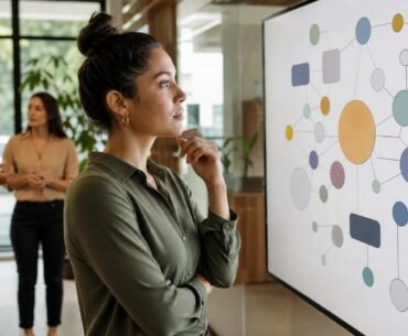 Profissional de RH analisando um mapa visual de habilidades em ambiente corporativo colaborativo