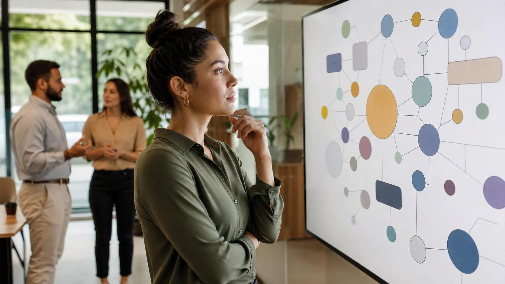 Skills intelligence no RH: como mapear habilidades antes da IA decidir Profissional de RH analisando um mapa visual de habilidades em ambiente corporativo colaborativo