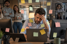 Líder cansado diante de várias telas e calendário cheio em escritório híbrido, simbolizando task masking de líderes