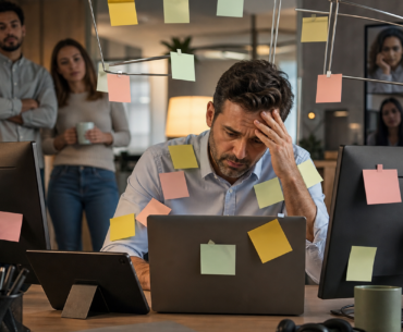 Líder cansado diante de várias telas e calendário cheio em escritório híbrido, simbolizando task masking de líderes