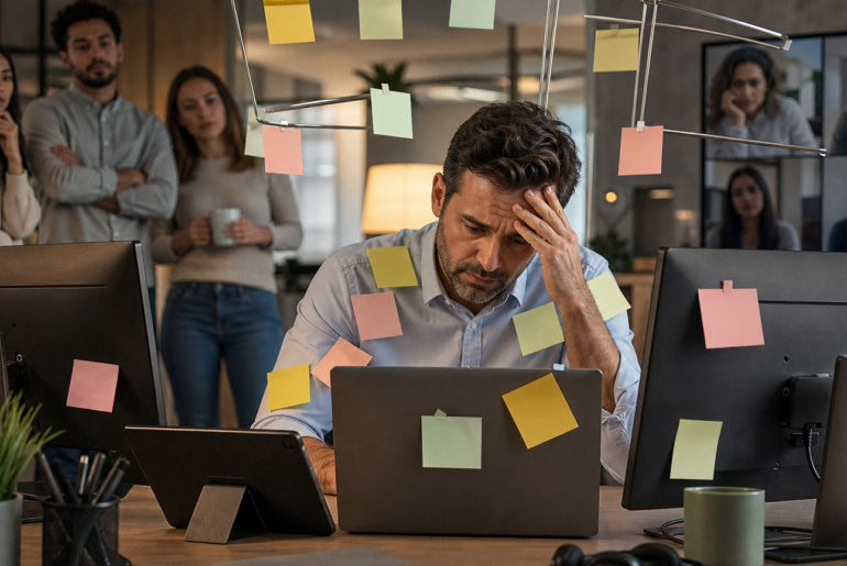 Líder cansado diante de várias telas e calendário cheio em escritório híbrido, simbolizando task masking de líderes