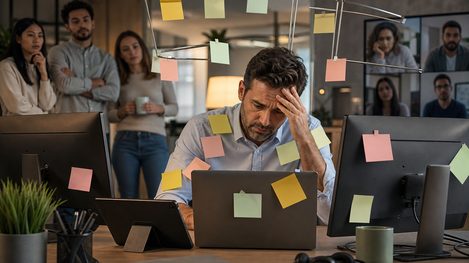 Task masking de líderes: quando parecer ocupado vira gestão ruim Líder cansado diante de várias telas e calendário cheio em escritório híbrido, simbolizando task masking de líderes