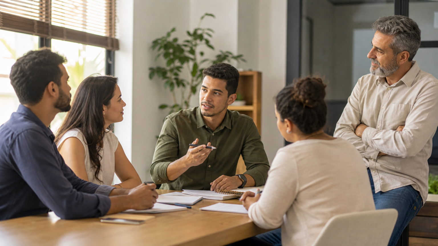 Futuro líder conduzindo uma conversa de equipe em uma pequena empresa