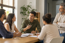 Futuro líder conduzindo uma conversa de equipe em uma pequena empresa