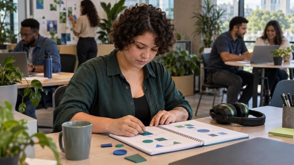 Autismo no trabalho: profissional concentrado em ambiente inclusivo com equipe ao fundo