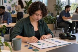 Autismo no trabalho: profissional concentrado em ambiente inclusivo com equipe ao fundo