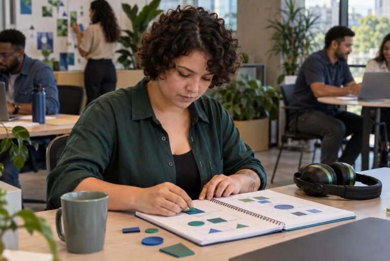 Autismo no trabalho: profissional concentrado em ambiente inclusivo com equipe ao fundo