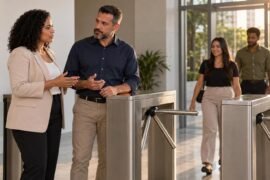 Controle de ponto: profissional de RH e gestor conversam ao lado de catracas em entrada de empresa