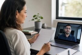 Recrutadora verifica uma entrevista remota com atenção e respeito à pessoa candidata