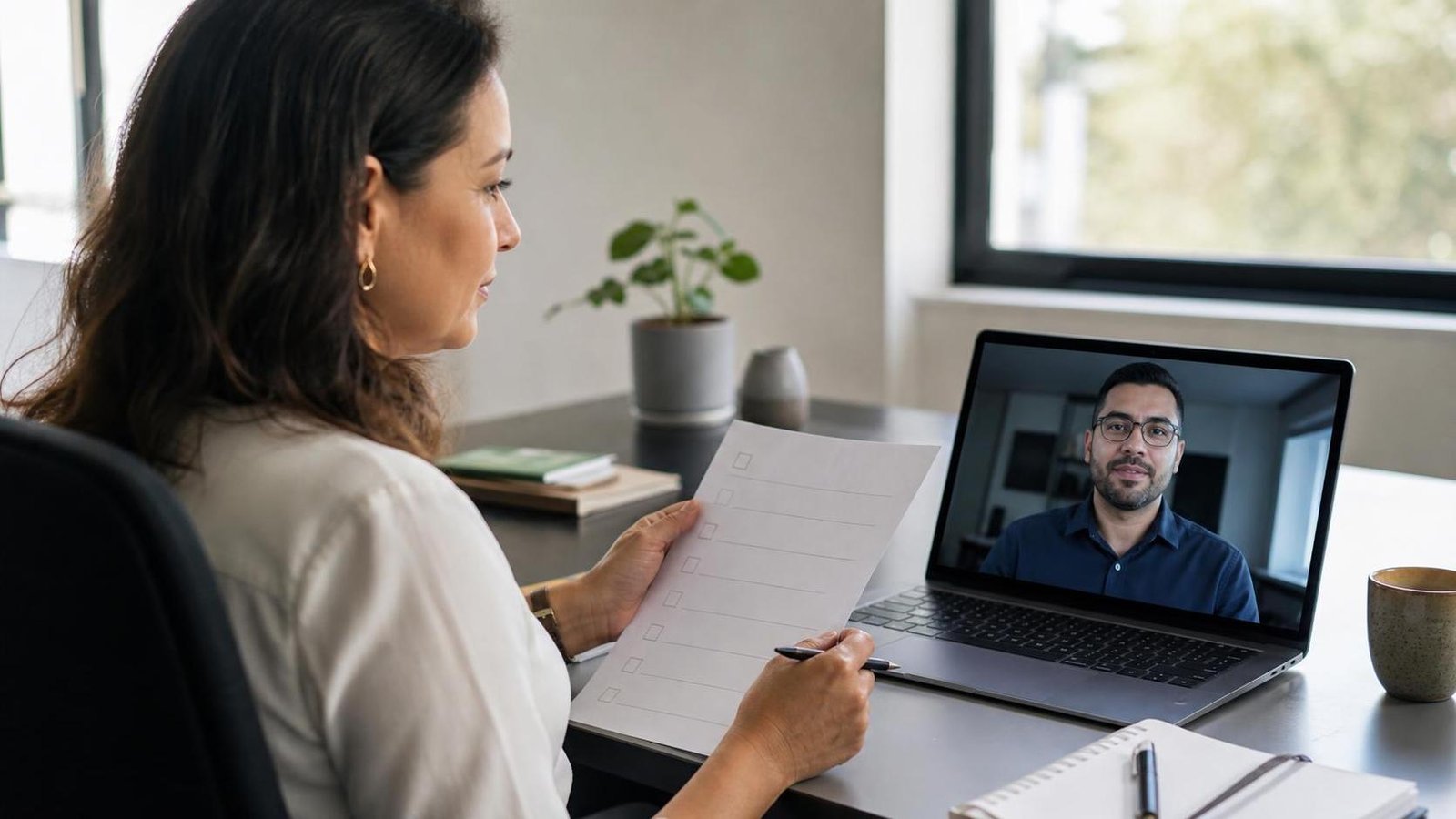 Deepfake em entrevista de emprego: quem está na tela? Recrutadora verifica uma entrevista remota com atenção e respeito à pessoa candidata