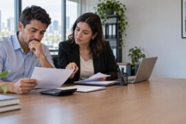 Profissional confere desconto no holerite com apoio de uma colega de RH