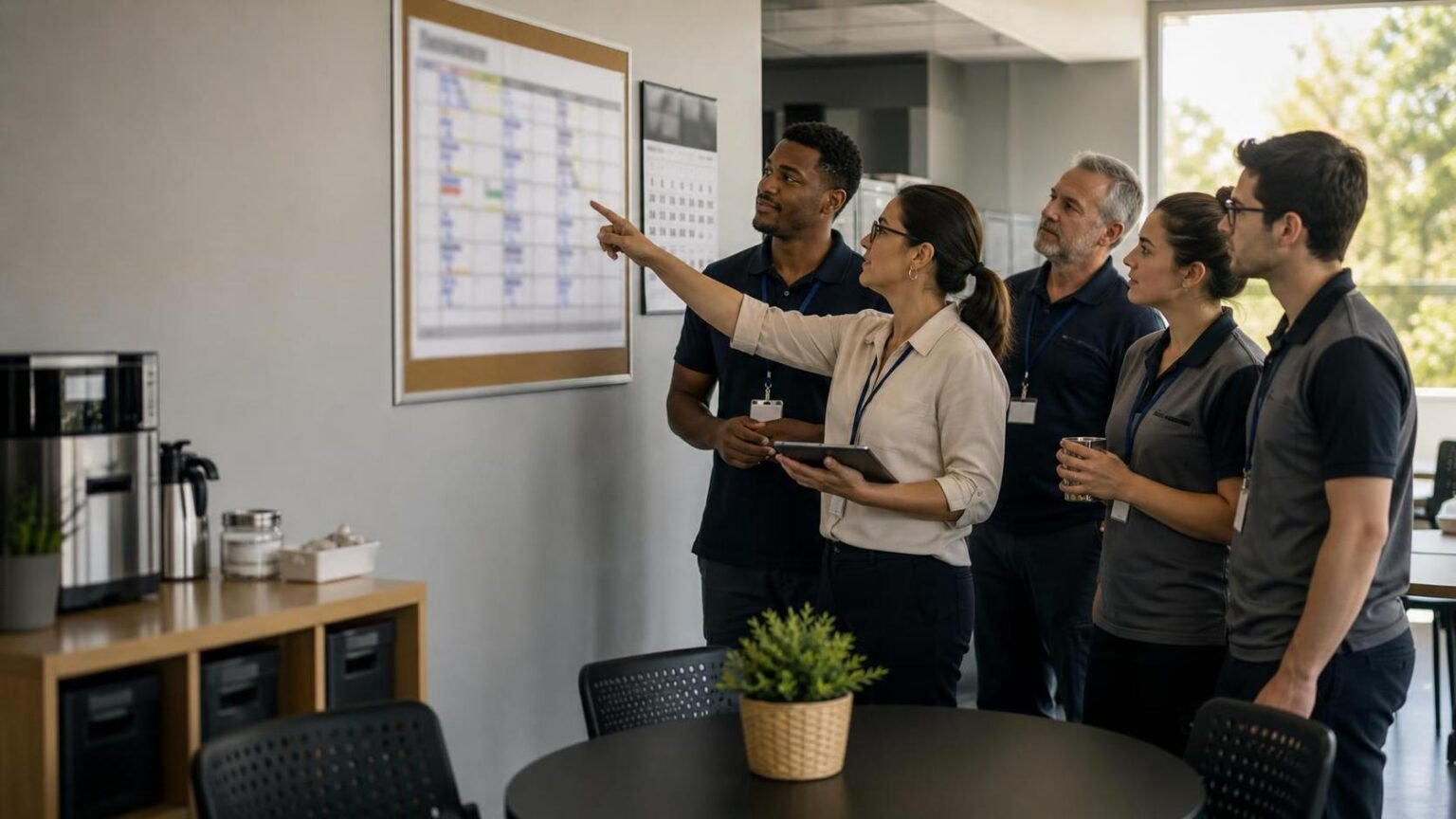 Equipe consulta uma escala semanal de trabalho em ambiente corporativo