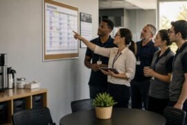 Equipe consulta uma escala semanal de trabalho em ambiente corporativo