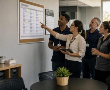 Equipe consulta uma escala semanal de trabalho em ambiente corporativo