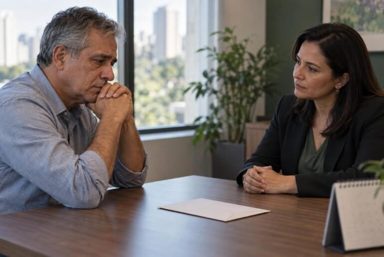 Estabilidade pré-aposentadoria: profissional maduro conversa com gestora de RH sobre desligamento