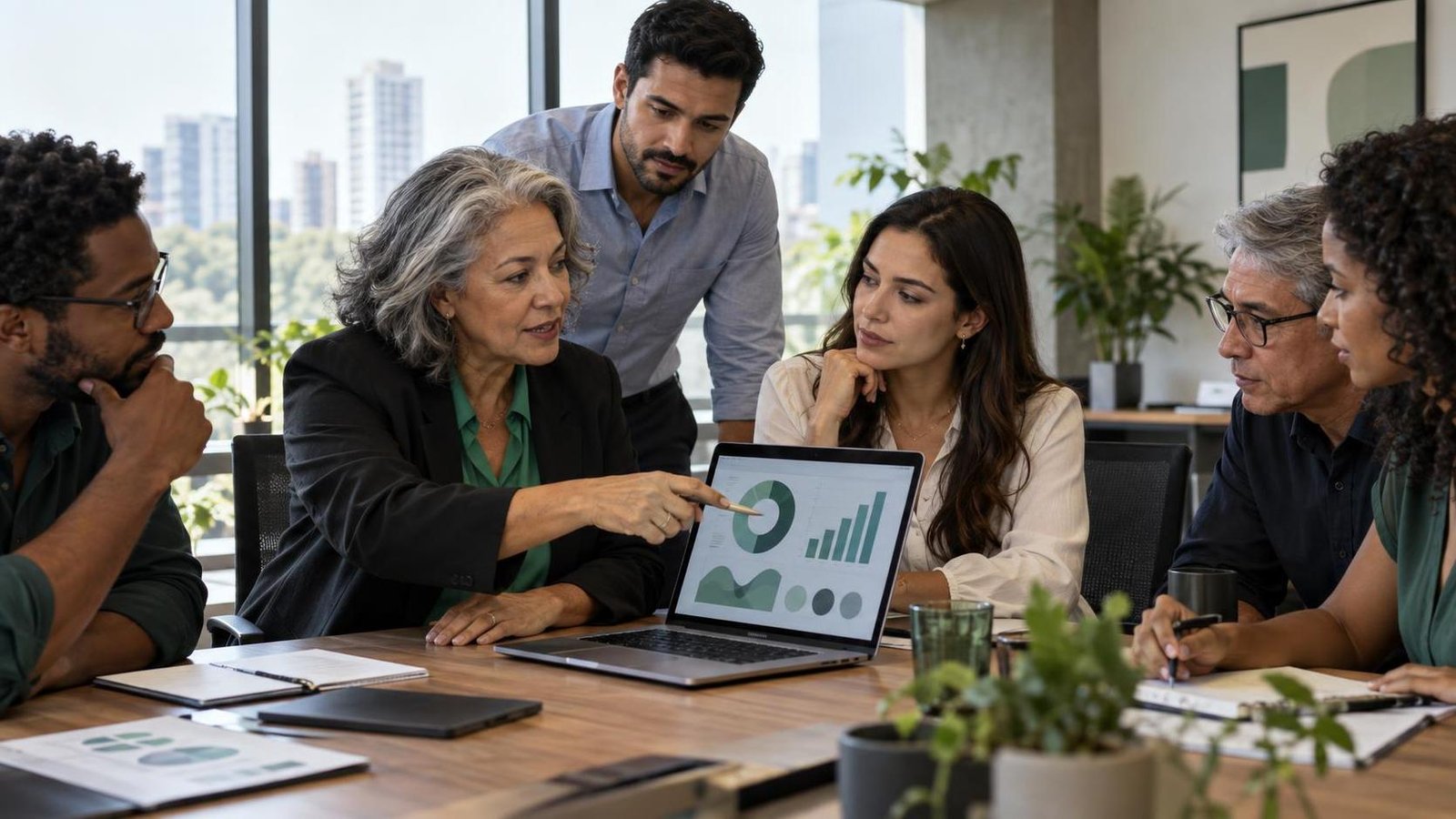 Etarismo no trabalho: 7 métricas que revelam o viés Etarismo no trabalho: profissionais de diferentes gerações analisam métricas de RH em reunião