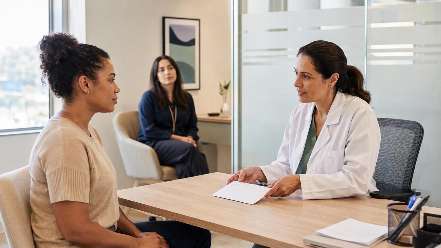 Exame admissional: quem paga e o que realmente pode reprovar? Exame admissional com candidata e médica do trabalho em consulta reservada