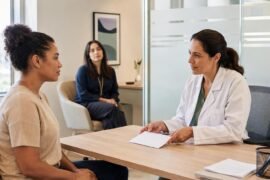 Exame admissional com candidata e médica do trabalho em consulta reservada