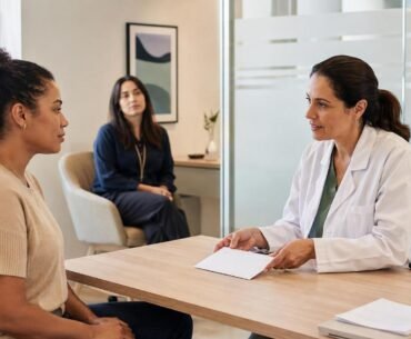Exame admissional com candidata e médica do trabalho em consulta reservada