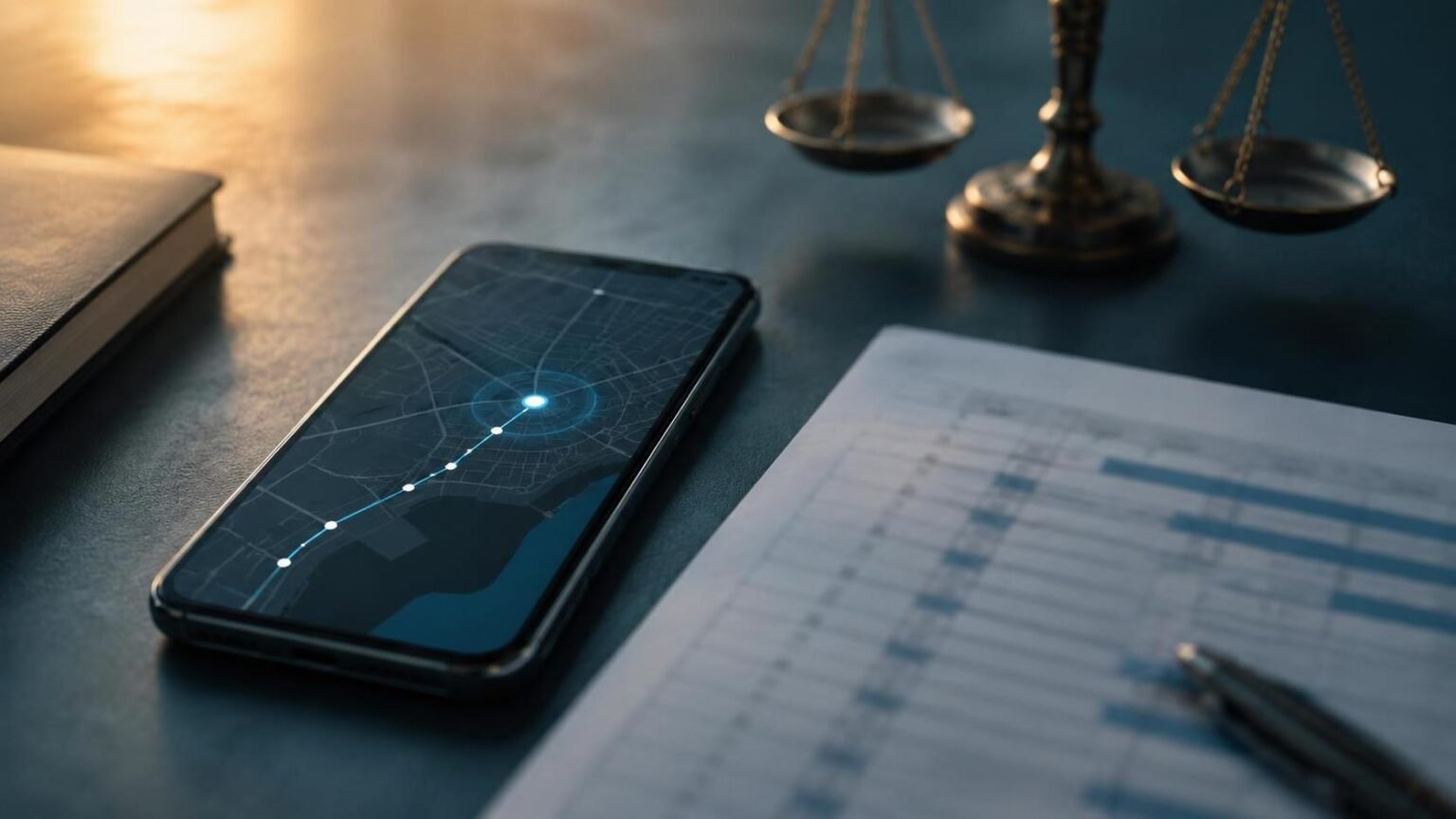 Geolocalização como prova de horas extras em celular ao lado de registro de jornada e balança da justiça