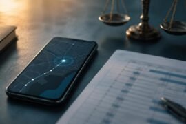 Geolocalização como prova de horas extras em celular ao lado de registro de jornada e balança da justiça