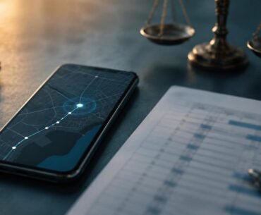 Geolocalização como prova de horas extras em celular ao lado de registro de jornada e balança da justiça