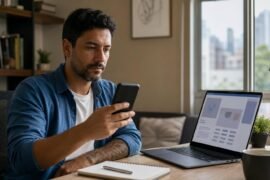 Profissional verifica uma proposta de emprego no celular antes de enviar dados ou pagar