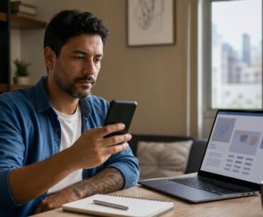 Profissional verifica uma proposta de emprego no celular antes de enviar dados ou pagar