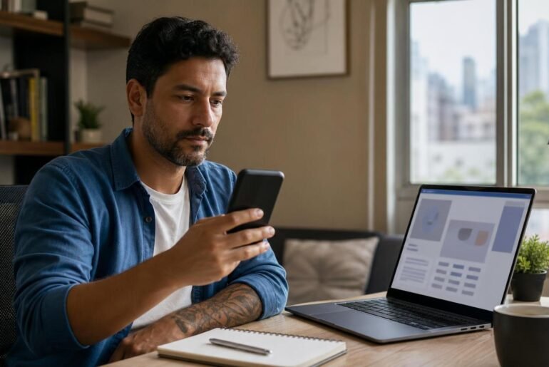 Profissional verifica uma proposta de emprego no celular antes de enviar dados ou pagar