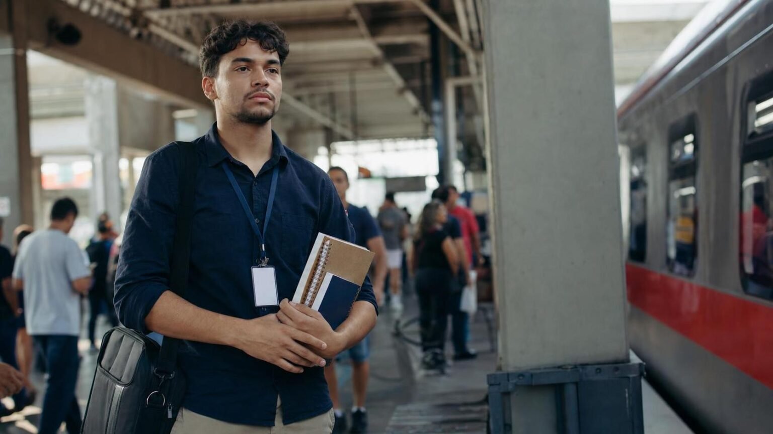 Jovem trabalha e estuda: sua empresa ajuda ou esgota? Jovem que trabalha e estuda leva cadernos e bolsa em uma estação de trem