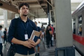 Jovem que trabalha e estuda leva cadernos e bolsa em uma estação de trem