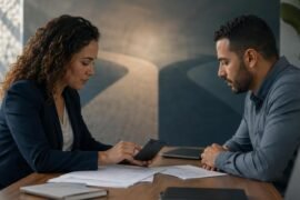 Profissional de RH e trabalhador analisam um celular antes de uma decisão disciplinar