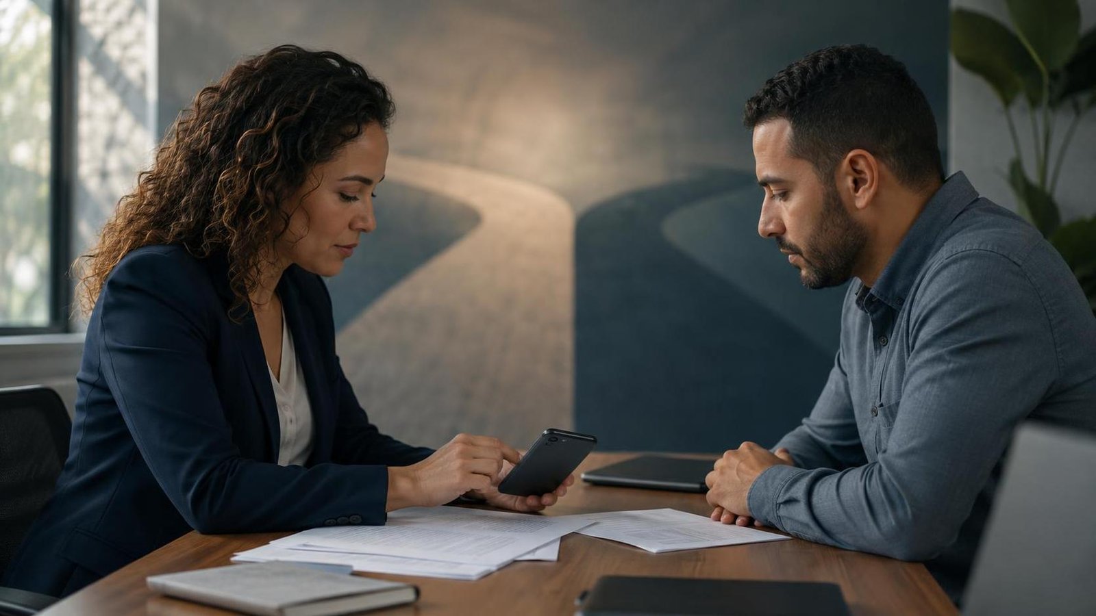 Justa causa por redes sociais: dois casos, decisões opostas Profissional de RH e trabalhador analisam um celular antes de uma decisão disciplinar
