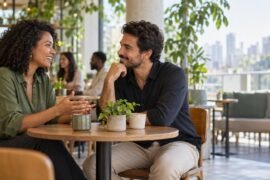 Networking: duas pessoas conversam naturalmente em um ambiente profissional brasileiro