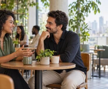 Networking: duas pessoas conversam naturalmente em um ambiente profissional brasileiro
