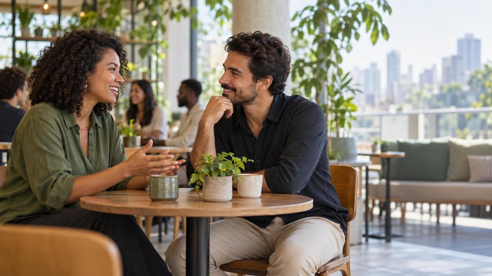 Networking sem puxar saco: o erro de só aparecer quando precisa Networking: duas pessoas conversam naturalmente em um ambiente profissional brasileiro