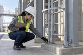 Escada fixa vertical em instalação industrial para análise de risco da NR-35
